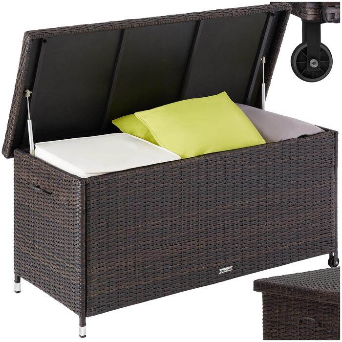 Ящик для подушок Tectake з ротангу, 270л, коричневий - водонепроникний, з замком, на колесах для саду, тераси, балкону