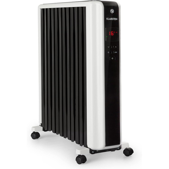 Електричний масляний радіатор Klarstein Thermaxx 2500 - опалення 2500 Вт, термостат 5-35°C, LED-дисплей, таймер, легкий, з роликами, білий/чорний