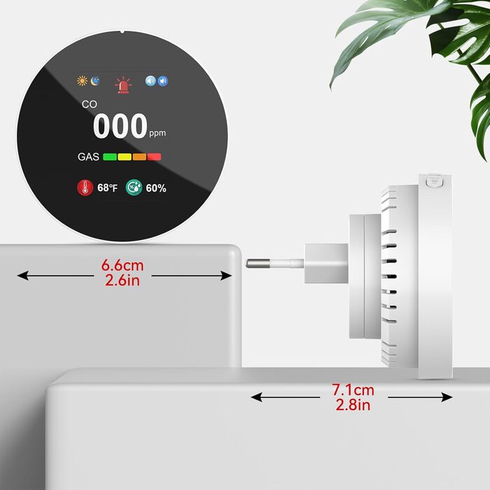 Детектор чадного газу та газу з вилкою, 4-в-1 CO-детектор з датчиком температури та вологості, з акустичним сигналом для дому та автокаравану, 1 шт. (Чорний) (Білий 1)