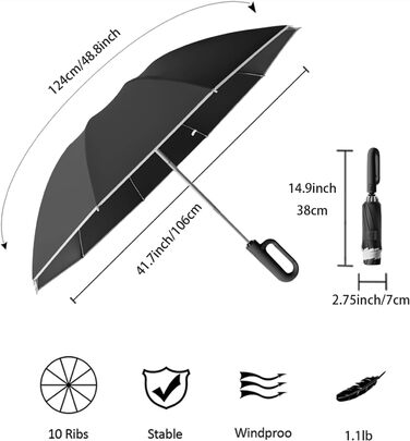 Парасолька для гольфу перевернута зворотна 10 ребер, автоматична, захист від ультрафіолету UPF 50, світловідбивачі, 106см, чорний