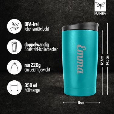 Термокружка з гравіюванням, 350 мл, чорна (бірюзова з іменем), 100% без витоку