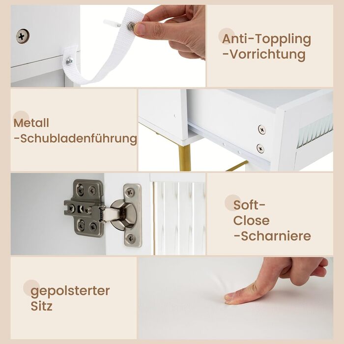 Тумбочка для макіяжу з LED-підсвічуванням COSTWAY, туалетний столик з зарядкою, дзеркало, пуф, 3 ящики, місце для фену, білий + золотий