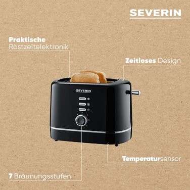 Автоматичний тостер SEVERIN, невеликий тостер на 2 скибочки, високоякісний чорний тостер для підсмажування, розморожування та нагрівання, 850 Вт, чорний, AT 4321 чорний/сріблястий