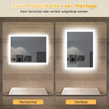 LED дзеркало для ванної кімнати SONNI 60x50 см з підсвічуванням, IP44, вертикальна/горизонтальна установка