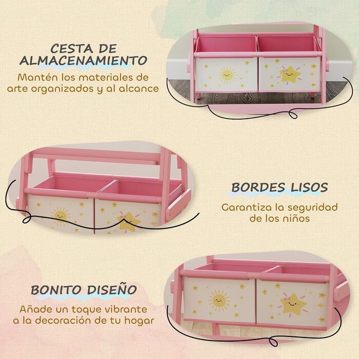 Дитяча мольберт-дошка AIYAPLAY 3-в-1 рожевий, 54x46x94 см, з паперовим рулоном та кошиками для зберігання, від 3 років