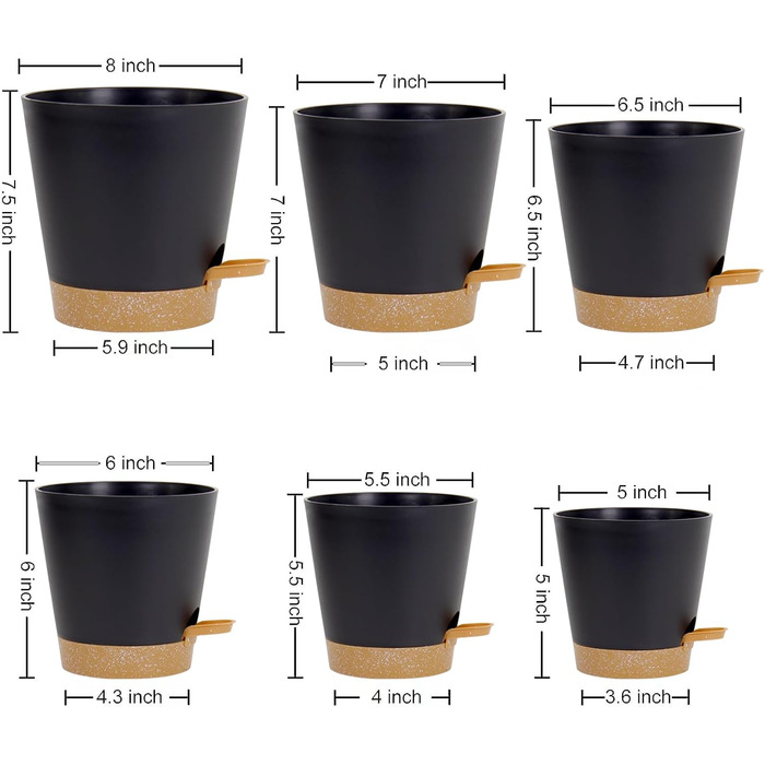 Набір горщиків для квітів 6 шт. з автополивом, 20.3-12.7 см, з підставкою, для дому та балкону, чорний/коричневий