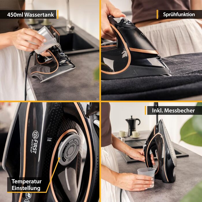 Відпарювач TZS First Austria I 2800-3200W з керамічною підошвою | Самоочищення, вертикальний пар, антинакип, сухе прасування | 0,45л, 1.3кг, білий/мідний