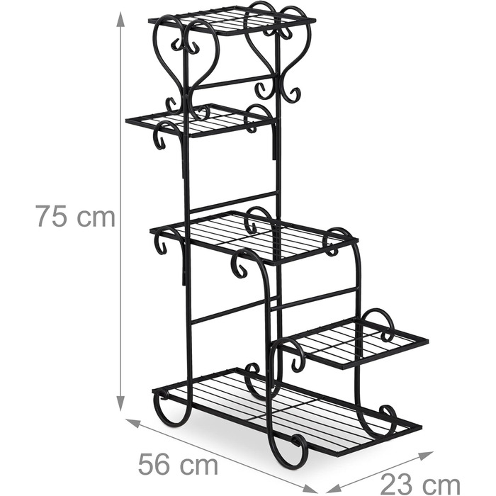 Стелаж для квітів Relaxdays металевий, вінтаж, 75x56x23 см, 5 полиць, чорний, залізо