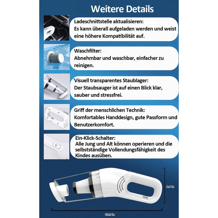 Ручний пилосос, Акумуляторний акумуляторний ручний пилосос 15000 Па, Легкий портативний автомобільний ручний пилосос, Міні-пилосос із сильним всмоктуванням з фільтром HEPA для автомобіля, дому, офісу, шерсті домашніх тварин (білий)