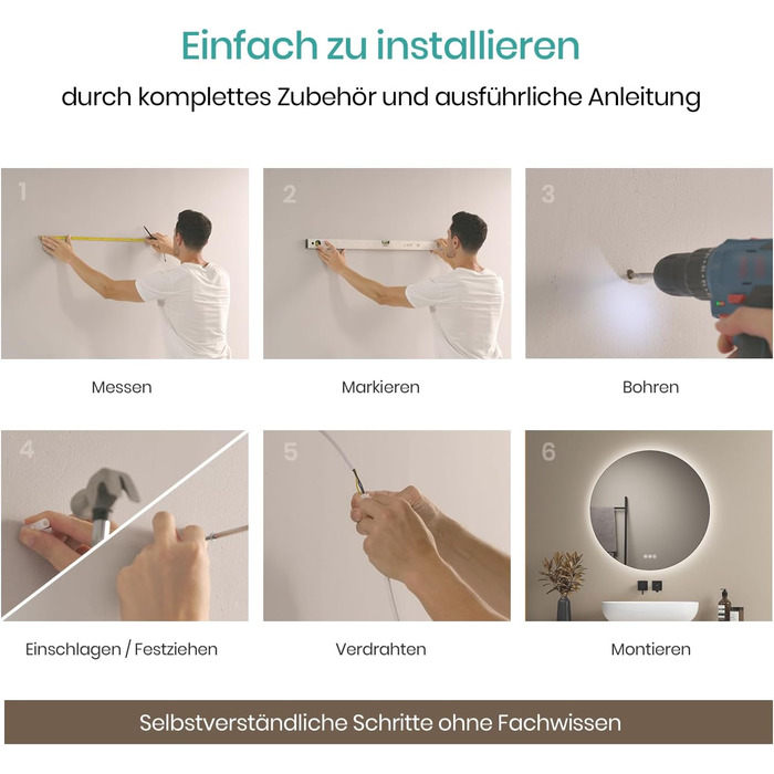 Дзеркало для ванної кімнати EMKE з підсвічуванням, 50 см, кругле, без рами, з регулюванням яскравості, 3 кольори світла, антизапар, сенсорне управління, функція пам'яті, 60x60 см