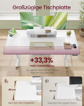 VASAGLE Регульований стіл, моніторний підставка, ящик, USB-C, нагадування про сидячий спосіб життя, для офісу, 140 x 70 см, Wolkenweiß