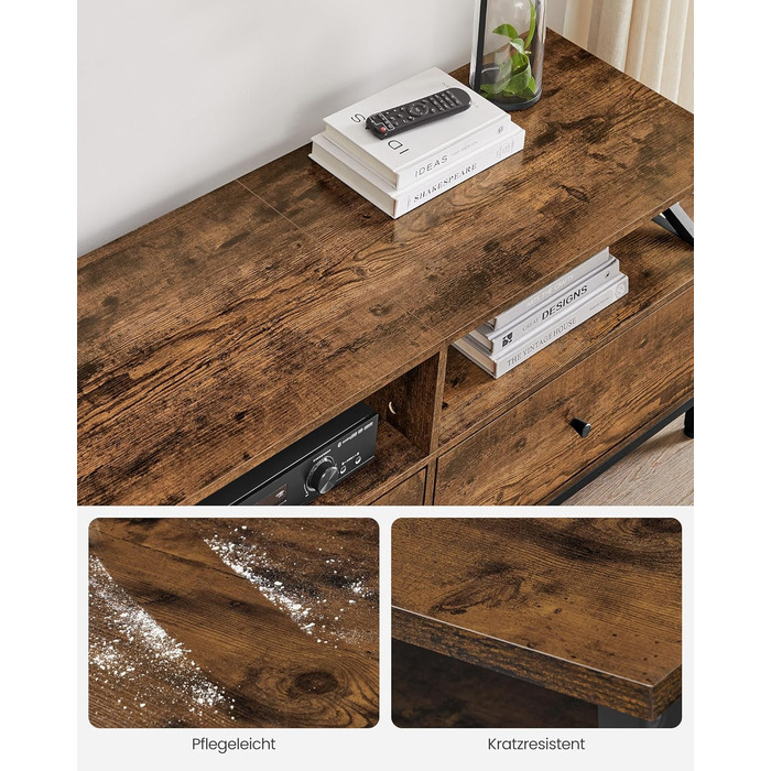 Тумба під телевізор VASAGLE до 80 дюймів, низька, з 3 шухлядами та 3 відкритими полицями, вітальня, металевий каркас, коричнево-чорний, 178x40x50 см