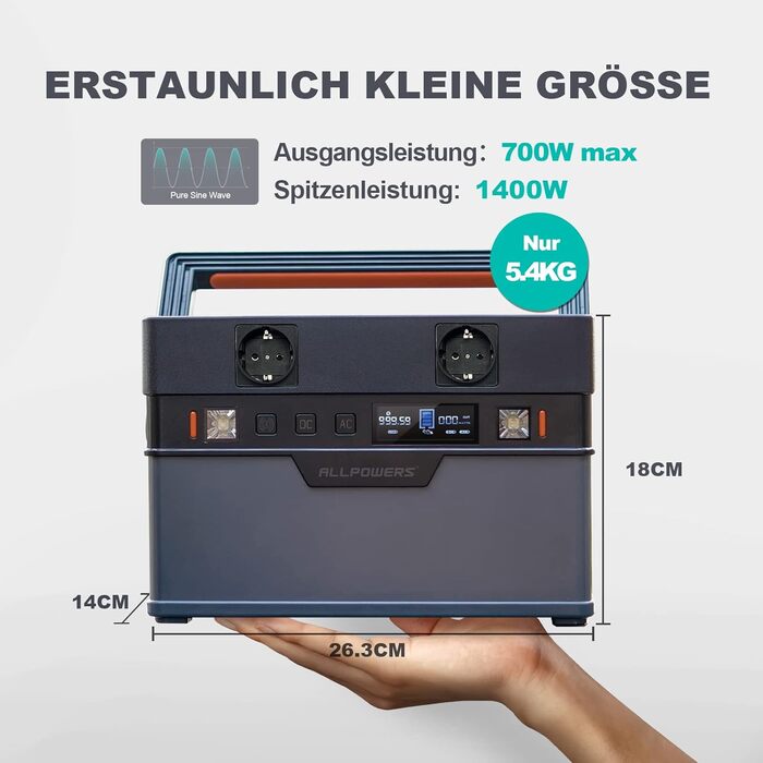 Портативна електростанція ALLPOWERS S700, ємність 606 Wh, номінальна потужність 700 W, пікова потужність 1400 W