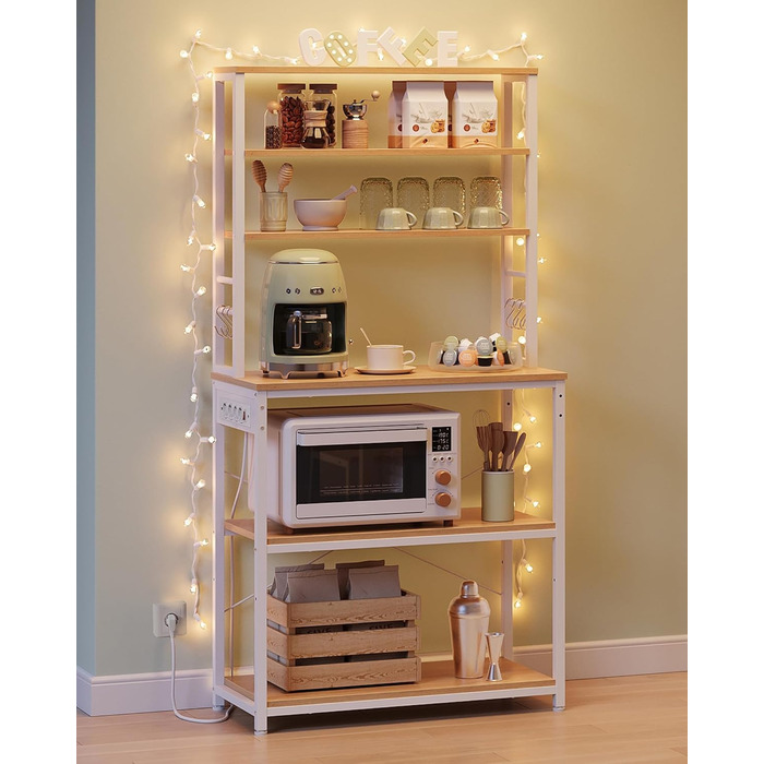 Полична шафа VASAGLE для кухні з розетками, мікрохвильова шафа, 6 полиць, 6 гачків, сталевий каркас, 40 x 80 x 167 см, вінтажний колір, KKS119K06