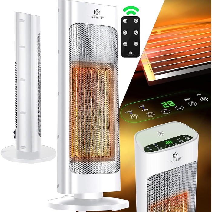 Обігрівач KESSER® 2000W з пультом керування, тихий, енергозберігаючий, керамічний, з осциляцією 80°, таймером 24 год, білий