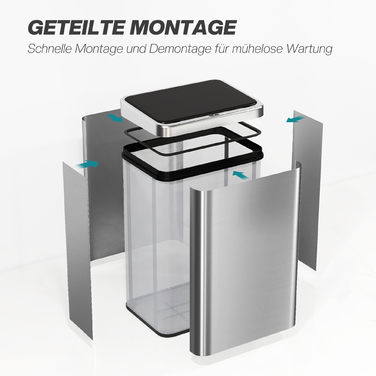 Відро для сміття з датчиком 40 л, нержавіюча сталь, автоматичне відкриття з м'яким закриванням кришки, датчик руху, розміри 35,5 x 26 x 55 см, сріблястого кольору