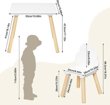 ВОЛТУ 3 шт. Дитячий набір столів з 2 стільцями, хмарною спинкою, ніжками з масиву дерева, для малюків/дошкільнят
