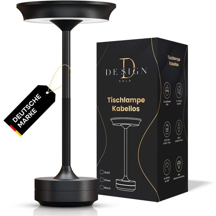LED настільна лампа Designgold бездротова - стильний дизайн з акумулятором та USB-C - 3 кольори світла та регулювання яскравості - бездротова свобода для використання в приміщенні та на вулиці - акумуляторна, чорна
