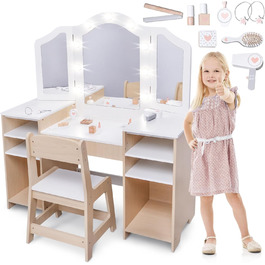 Детський туалетний столик Mamabrum XXL з дерева з пуфом та LED-дзеркалом. Туалетний столик для дівчаток з ящиком, аксесуарами та світлодіодним дзеркалом, від 3 років (MAM238 VANITY TABLE)