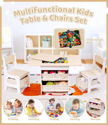 Дитячий стіл зі стільцями, ігровий стіл для дітей з місцем для зберігання, набір меблів для дитячої кімнати (натуральний колір)