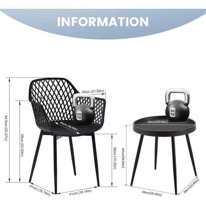 Набір меблів для балкона на 2 особи: стіл та 2 стільці з регульованими ніжками, чорного кольору