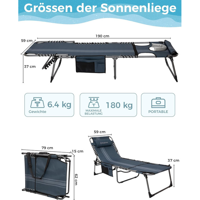 Лежак для відпочинку KingCamp великого розміру, складаний, 5 положень, для саду, кемпінгу, пляжу, 200 x 68 см, сірий, з подушкою та кишенею, до 200 кг