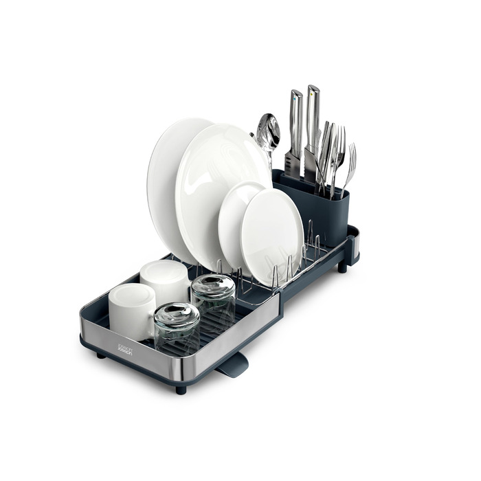 Сушарка для посуду Joseph Joseph Extend Slim з нержавіючої сталі, висувна, компактна, з підставкою для столових приборів та поворотним зливом, сіра