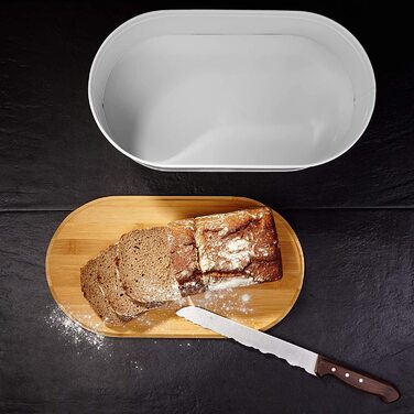 Хлібниця для кухні Lumaland металева Хлібниця з бамбуковою кришкою, Хлібниця прямокутної форми, 30,5 х 23,5 х 14 см (овал 36 х 20 х 13,8 см, білий / овальний)