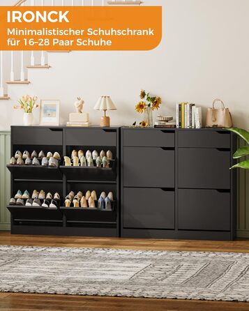 Шкаф для взуття IRONCK з 4 дверцятами, вузький, з 2 висувними ящиками, окремо стоячий, з регульованими перегородками, для передпокою, входу та вітальні (Білий) Білий (100x23.5x98см, Чорний)