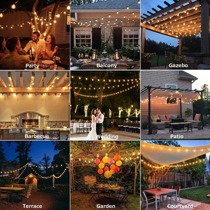 LED гірлянда для вулиці з пультом керування, 15м, G40, диммування, 4 режими, таймер, вологостійка, для саду, балкону, тераси, вечірки, кемпінгу, весілля