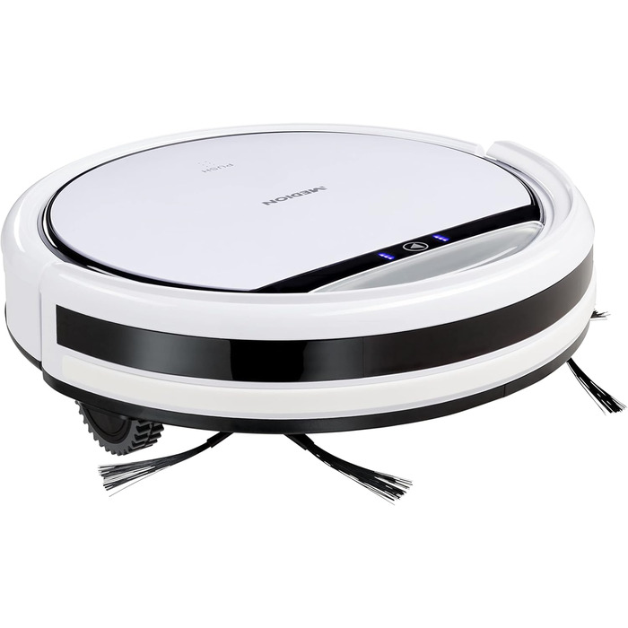 Робот-пилосос MEDION MD 18500 з базою для зарядки, білий (90 хв роботи, для твердих підлог, плитки, ламінату, оптимізований для шерсті тварин, прямий всмоктування, автоматичне повернення на базу)