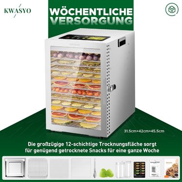 Електрична сушарка для продуктів Kwasyo з нержавіючої сталі, 12 ярусів, 30-90°C, таймер 24 год