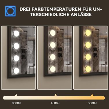 Дзеркало для ванної кімнати YOURLITE з LED-підсвічуванням 100x60 см, сенсорне управління, годинник, антизапотівання, 3 кольори світла, регулювання яскравості, функція пам'яті, білий/чорний