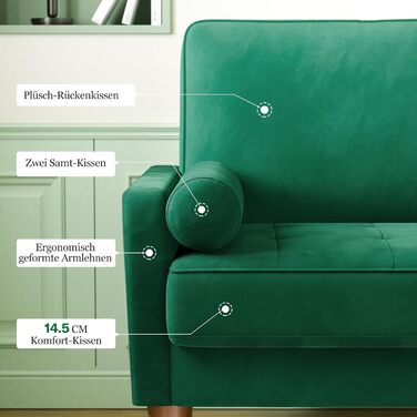 Диван Vesgantti, 2 місця, 121 см, сучасний дизайн, з 2 подушками, для вітальні/квартири/офісу (зелений, велюр)