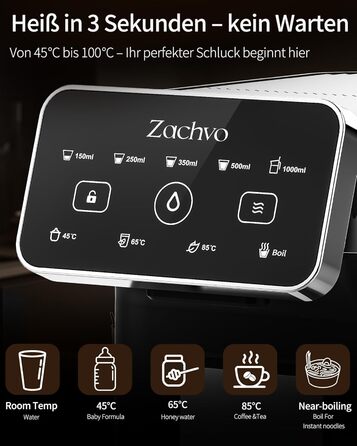 Нагрівач води ZACHVO KEI906 – 2600W: миттєве гаряче водопостачання, 4 температури, 5 об'ємів, 3L бак, компактний для кухні та офісу, сумісний з фільтрами BRITA (фільтр купується окремо) – Чорний