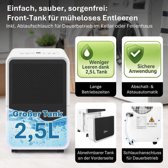 Електричний осушувач повітря AEF2000 - 20 л/день, до 30 м², тихий, з автовимкненням, гігростат, сенсорне дисплеї - для спальні та ванної кімнати