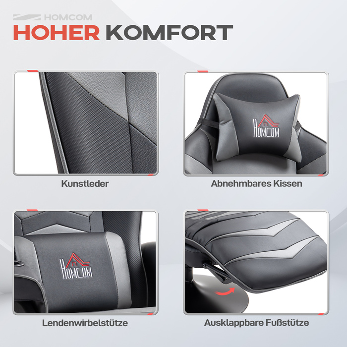 Ігрове крісло HOMCOM з масажем, регульованою спинкою, підставкою для ніг, підійде для ваги до 120 кг, сталевий каркас, штучна шкіра, сірого кольору.