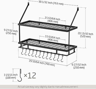 Кухонна полиця для каструлі та посуду з 12 гачками, настінне кріплення 75 см, чорний матовий