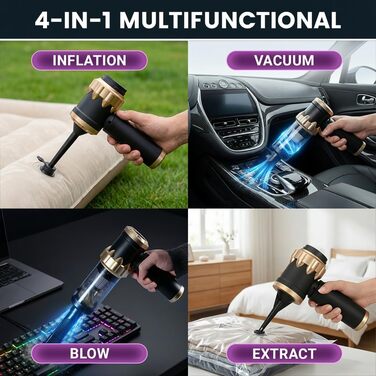 Акумуляторний ручний пилосос Handstaubsauger 26000Па, бездротовий автомобільний міні-пилосос 4-в-1 з безщітковим двигуном, 3 режими потужності для дому, авто та шерсті тварин, чорний