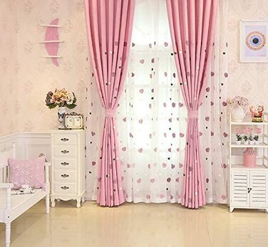 Завіса Lactraum для дитячої кімнати для дівчаток, прозора біла з вишитими сердечками, 100 x 245 см (непрозора з гофрованою стрічкою, 200 x 245 см (Ш x В))