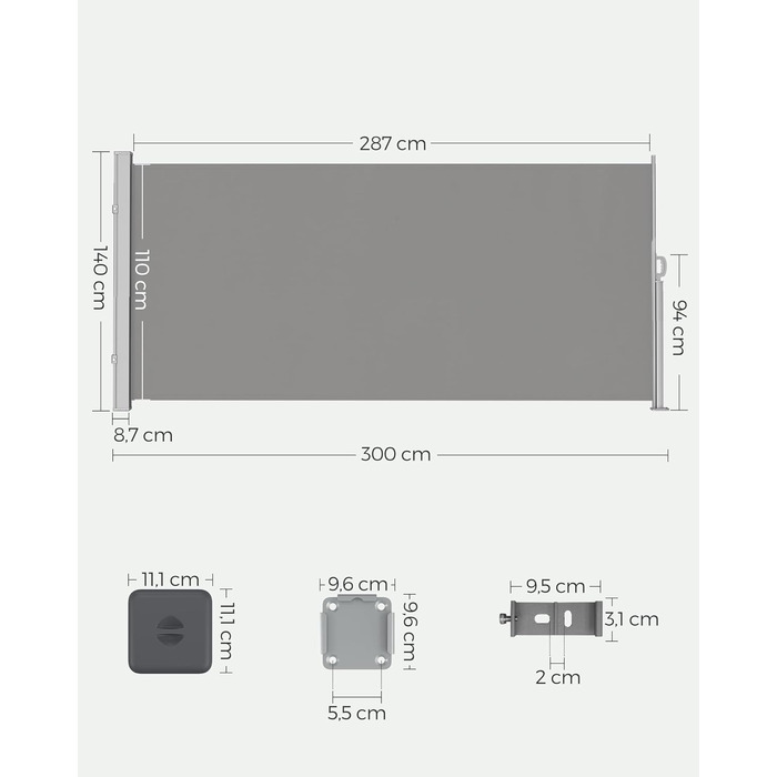 Сонцезахисна бічна маркіза SONGMICS 140x300 см, сталевий корпус, антикорозійна, висувна, щільна, для балкона, тераси, саду, світло-сіра