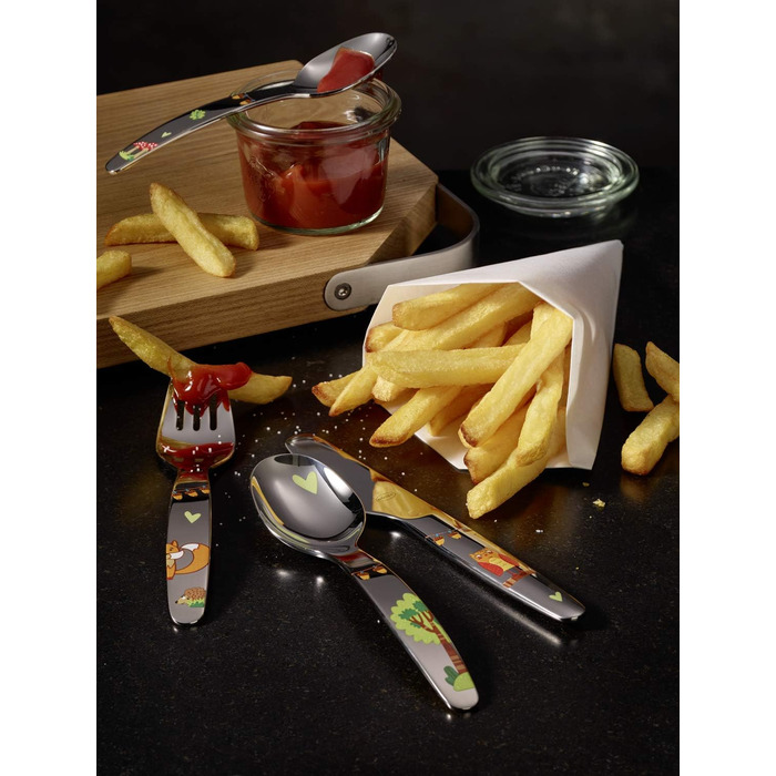Дитячий набір столових приборів RÖSLE 'Waldfreunde' (4 шт.) з нержавіючої сталі 18/10, для дітей від 3 років, придатний для миття в посудомийній машині, чудовий подарунок на хрещення для хлопчиків та дівчаток