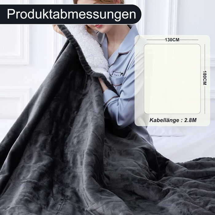 Електрична гріюча ковдра з таймером та захистом від перегріву 130x180 см, 8 режимів нагріву, пральна машина, фланцель-шерпа, сіра для дому та офісу