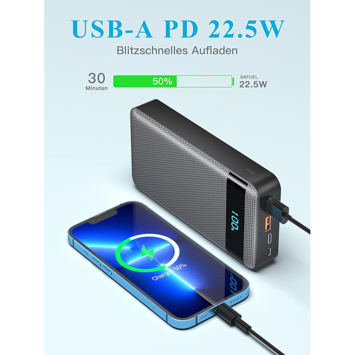 Швидкий зарядний пристрій 22,5 Вт PD20W, USB C, LED-дисплей, 3 виходи, 2 входи, портативний, 26800mAh