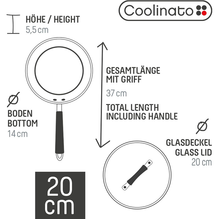 Набір сковорідок Coolinato 24 см зі скляною кришкою, сковорідка з покриттям (20 см)