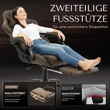 Ігровий крісло Dowinx з регульованою підніжкою, масажером попереку та офісним комфортом, до 200 кг, нахил спинки 165°, коричневий