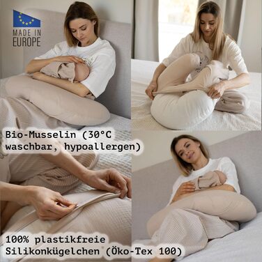 Подушка для годування та вагітності PaLulli XL (170x30 см), органічна бавовна муслін, бежева