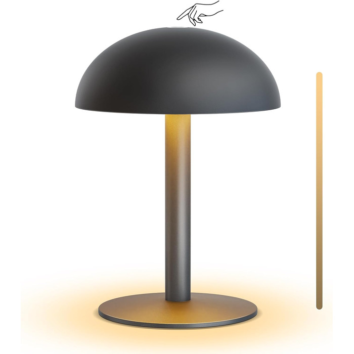 FUYO Грибний світильник без дротів - настільна лампа з сенсорним керуванням, регулюванням яскравості та функцією пам'яті, сучасний дизайн для спальні, вітальні та кемпінгу (Чорний)