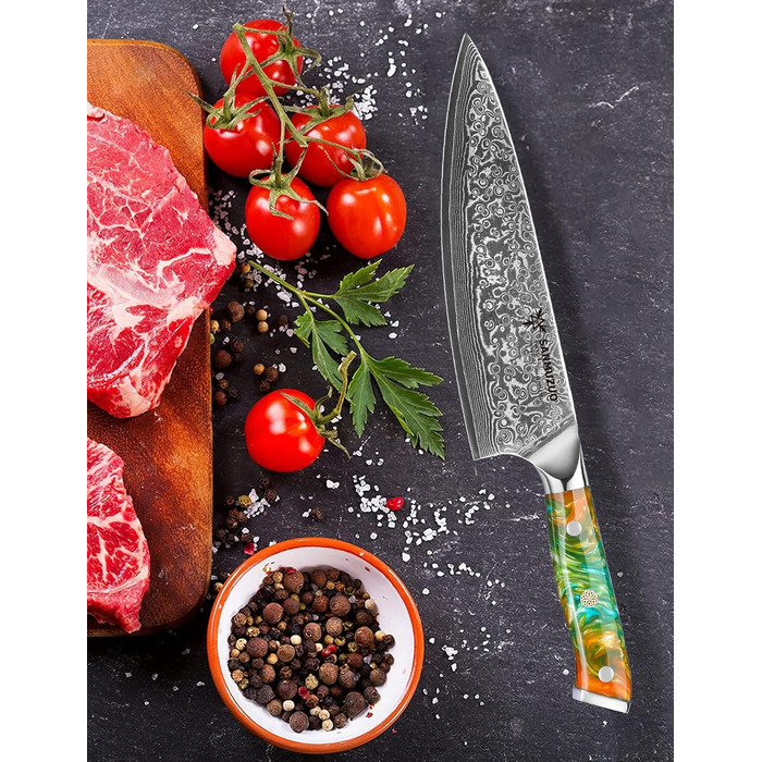 Ніж кухарський 20 см Xuan Серія VG10 Дамаський сталь - Ніж для кухні з ручкою з смоли (Фантастичний помаранчевий)