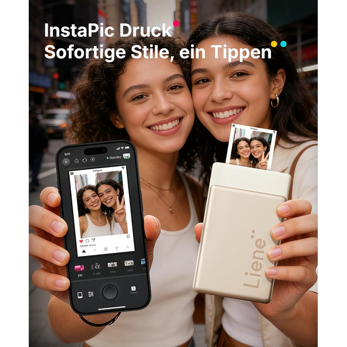 Портативний міні-фотопринтер Liene Pearl N200 Pro з кольоровою сублімацією, 50 фото (5x7,6 см), 5 стрічок, Bluetooth, 300 dpi, для iPhone & Android, акумулятор, золотий колір